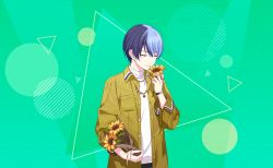 Rule 34 | 1boy, aoyagi touya, belt, black belt, black hair, blue hair, blue pants, bouquet, breast pocket, brown coat, circle, closed mouth, coat, colorful palette, cowboy shot, diagonal stripes, dot nose, double horizontal stripe, flower, gold necklace, green background, group name, hair between eyes, highres, holding, holding bouquet, holding flower, jewelry, light blue hair, male focus, mole, mole under eye, multicolored hair, necklace, newspaper, official art, open clothes, open coat, pants, pocket, project sekai, ring, simple background, sleeves rolled up, smile, split-color hair, striped, sunflower, sweater, triangle, turtleneck, turtleneck sweater, two-tone hair, white sweater, yellow flower