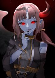 Rule 34 | 1girl, black feathers, blue skin, breasts, brown hair, colored skin, demon horns, detached sleeves, duel monster, fallen angel, falling feathers, feathers, glowing, glowing eyes, hand to own mouth, highres, horns, indulged darklord, medium breasts, parted lips, pointy ears, red eyes, shiroue tomari, single bare shoulder, single detached sleeve, single horn, single wing, solo, wings, yu-gi-oh!
