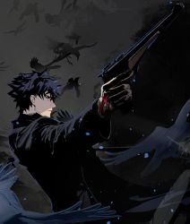 Rule 34 | 1boy, back, bird, black eyes, black hair, closed mouth, cofffee, command spell, crow, crowd, emiya kiritsugu, expressionless, facial hair, fate/zero, fate (series), formal, gun, handgun, holding, holding gun, holding weapon, light particles, looking away, male focus, necktie, solo, stubble, suit, thompson/center contender, upper body, weapon