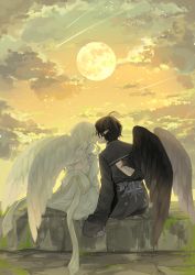 Rule 34 | 1boy, 1girl, ahoge, back, black hair, black vs white, black wings, cloud, couple, dress, earrings, feathered wings, full moon, hetero, highres, jewelry, kiss, long hair, long sleeves, looking at another, lying, moon, on back, original, outdoors, pointy ears, purimo (xxxmofmof), ribbon, rock, shooting star, short hair, sitting, sunset, white dress, white hair, white ribbon, white wings, wings, yellow eyes