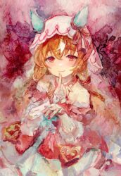 Rule 34 | 1girl, animal ears, blush, brown hair, commentary request, detached sleeves, finger to mouth, fingernails, hair between eyes, hair ornament, highres, horse ears, horse girl, looking at viewer, painting (medium), red eyes, ribbon, simple background, smile, solo, still in love (umamusume), traditional media, umamusume, veil, watercolor (medium), yoshiaki (yosiaki ml)