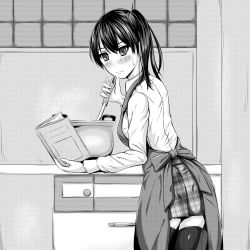 Rule 34 | 1girl, absurdres, apron, artist request, baking, blush, book, breasts, cooking, expressionless, highres, housewife, japanese clothes, kaga (kancolle), kantai collection, kitchen, ladle, medium breasts, monochrome, oven, plaid, plaid skirt, ponytail, pot, short hair, side ponytail, skirt, solo, standing, sweatdrop, thighhighs