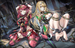 Rule 34 | 2girls, absurdres, arms up, barefoot, bdsm, black gloves, blonde hair, bondage, bound, breasts, circlet, cleavage, cleavage cutout, clothing cutout, core crystal (xenoblade), cuffs, dress, elbow gloves, fingerless gloves, full body, gloves, glowing, highres, impossible clothes, kidnapping, large breasts, long hair, looking at viewer, mask, medium hair, mouth mask, multiple girls, mythra (xenoblade), pyra (xenoblade), red eyes, red hair, red shorts, red thighhighs, restrained, shackles, shibari, short shorts, shorts, sitting, soles, thigh strap, thighhighs, thighs, tied up (nonsexual), tile floor, tiles, toes, very long hair, wariza, white dress, white gloves, xenoblade chronicles (series), xenoblade chronicles 2, xun li eins, yellow eyes