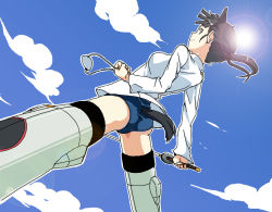 Rule 34 | 00s, 1girl, armor, armored boots, ass, blue panties, blue sky, boots, cloud, day, from behind, kurosho, long sleeves, looking at viewer, military, military uniform, panties, sakamoto mio, shirt, sky, solo, spread legs, standing, strike witches, striker unit, sun, sunlight, thigh boots, thighhighs, underwear, uniform, white shirt, world witches series