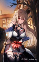 Rule 34 | 1girl, bare shoulders, bare tree, belt, blonde hair, blurry, blurry background, blush, breasts, closed mouth, cowboy shot, depth of field, detached sleeves, evening, furen e lustario, garter straps, genyaky, hair between eyes, hand up, large breasts, long hair, long sleeves, looking at viewer, miniskirt, nijisanji, official art, outdoors, red eyes, skirt, smile, solo, standing, sunset, thighhighs, tree, virtual youtuber, watermark, white skirt