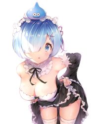 Rule 34 | 1girl, bare shoulders, bent over, black dress, black ribbon, blue eyes, blue hair, breasts, cleavage, commentary request, cowboy shot, creature on head, detached collar, detached sleeves, dragon quest, dress, frilled dress, frills, hair ornament, hair over one eye, hand on own hip, headdress, long sleeves, looking at viewer, medium breasts, melings (aot2846), parted lips, re:zero kara hajimeru isekai seikatsu, rem (re:zero), ribbon, short hair, simple background, slime (creature), slime (dragon quest), solo, standing, thighhighs, white background, white thighhighs, x hair ornament