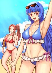 Rule 34 | 2girls, absurdres, arm up, armpits, ball, beach, beachball, bikini, blue bikini, blue hair, breasts, brown eyes, brown hair, cleavage, frilled bikini, frills, highres, kula diamond, large breasts, long hair, looking at viewer, multiple girls, navel, ponytail, purple eyes, red bikini, shiranui mai, smile, sokumenkara, sunglasses, swimsuit, the king of fighters, toned