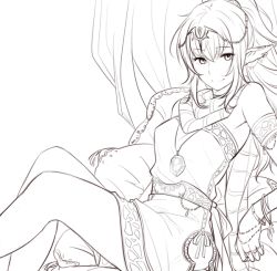 Rule 34 | 1girl, bracelet, earrings, fire emblem, fire emblem awakening, greyscale, hair ornament, jewelry, looking at viewer, monochrome, necklace, nintendo, pointy ears, ponytail, ring, scarf, sitting, smile, solo, tiki (adult) (fire emblem), tiki (fire emblem), tusia