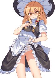 Rule 34 | 1girl, apron, bad id, bad pixiv id, bare legs, black vest, blonde hair, blush, bow, braid, double-breasted, frilled apron, frilled skirt, frills, grin, hair between eyes, hair bow, hat, highres, kirisame marisa, kmuccu, legs, lifted by self, long hair, naughty face, panties, red bow, shirt, short sleeves, simple background, single braid, skirt, smile, solo, thighs, touhou, underwear, upskirt, vest, vest lift, waist apron, white apron, white background, white panties, white shirt, witch, witch hat, yellow eyes
