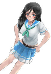 Rule 34 | 1girl, absurdres, black hair, black panties, blue eyes, blue sailor collar, blue skirt, blush, breasts, commentary, dutch angle, glasses, green neckerchief, hibike! euphonium, highres, kitauji high school uniform, lace, lace-trimmed panties, lace trim, long hair, medium breasts, mitakihara school uniform, nari (nari149528), neckerchief, over-rim eyewear, panties, pleated skirt, red-framed eyewear, sailor collar, school uniform, semi-rimless eyewear, serafuku, shirt, skirt, solo, tanaka asuka, underwear, undressing, white background, white shirt