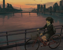 Rule 34 | 1girl, backpack, bag, bicycle, black hair, commentary, evening, highres, industrial, kensight328, original, outdoors, railing, russian commentary, scenery, shoes, short hair, sky, sneakers, solo, twilight, water