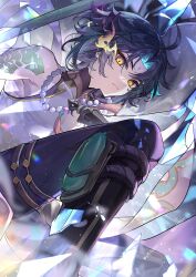 Rule 34 | 1boy, absurdres, ahoge, arm tattoo, artist name, bead necklace, beads, black hair, black pants, blue hair, eye trail, facial mark, feet out of frame, forehead mark, genshin impact, highres, jewelry, knee up, light trail, looking at viewer, male focus, multicolored hair, necklace, pants, parted bangs, serious, shards, short hair, sitting, slit pupils, solo, tassel, tattoo, thigh strap, two-tone hair, xianyangyutoumalingshu, xiao (genshin impact), yellow eyes