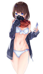 Rule 34 | 1girl, bare shoulders, bikini, bikini under clothes, black jacket, blush, breasts, brown eyes, cellphone, commentary request, cowboy shot, elbow gloves, frilled bikini, frills, gas mask, gloves, hair ornament, hairclip, holding, holding phone, jacket, long sleeves, looking at viewer, looking back, mask, metallican, navel, nijisanji, off shoulder, open clothes, open jacket, phone, plaid, plaid scarf, red scarf, scarf, short sleeves, simple background, small breasts, smartphone, solo, spread legs, stomach, swimsuit, tareme, tsukino mito, virtual youtuber, white background, white bikini