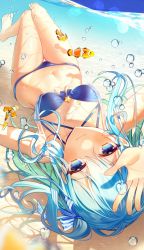 Rule 34 | 1girl, air bubble, bikini, blue bikini, blue eyes, blue hair, bubble, clownfish, collarbone, commentary request, crescent, crescent necklace, fish, foreshortening, front-tie top, highres, hololive, hoshimachi suisei, jewelry, knees together feet apart, long hair, looking at viewer, navel, necklace, solo, star (symbol), star in eye, swimsuit, syandega, symbol in eye, underwater, virtual youtuber, water