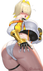 Rule 34 | 1girl, arm guards, ass, belt, black sports bra, blonde hair, blush, breasts, clothing cutout, crop top, crop top overhang, cropped sweater, cuboon, elegg (nikke), gloves, goddess of victory: nikke, grey shorts, hair intakes, hair over eyes, large breasts, long bangs, long sleeves, looking back, micro shorts, midriff, open mouth, purple eyes, shorts, shoulder cutout, smile, solo, sports bra, sweater, thick thighs, thigh strap, thighs, white sweater