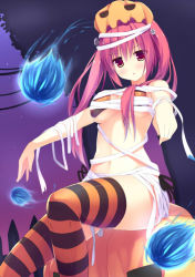 Rule 34 | 1girl, bandages, bikini, breasts, cleavage, hair ornament, halloween, hitodama, jack-o&#039;-lantern, long hair, looking at viewer, megarisu, night, night sky, open mouth, original, outstretched arms, pink hair, pumpkin, red eyes, sitting, sky, solo, swimsuit, twintails, zombie pose
