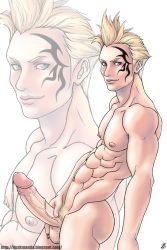 Rule 34 | 1990s (style), 1boy, abs, ass, blonde hair, final fantasy, final fantasy viii, huge penis, male focus, nude, pectorals, penis, solo, tattoo, white background, zell dincht