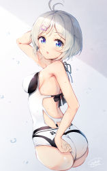 Rule 34 | .live, 1girl, :o, antenna hair, arm up, armpits, ass, back, bare arms, bare shoulders, black ribbon, blush, breasts, casual one-piece swimsuit, cropped legs, from behind, grey background, grey hair, hair ornament, hairclip, highres, looking at viewer, looking back, medium breasts, one-piece swimsuit, open mouth, parted bangs, ribbon, short hair, sideboob, signature, dennou shoujo siro, solo, sora from france, swimsuit, thighs, virtual youtuber, water drop, wet, white one-piece swimsuit