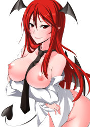 Rule 34 | 1girl, ass, bare shoulders, bat wings, between breasts, black necktie, bottomless, breast lift, breasts, cleavage, collarbone, demon tail, head wings, koakuma, large breasts, looking at viewer, mizuno asami, naked shirt, necktie, necktie between breasts, nipples, off shoulder, open clothes, open shirt, pointy ears, red eyes, red hair, shirt, simple background, smile, solo, tail, topless, touhou, white background, wings