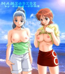Rule 34 | 2girls, arms at sides, beach, blouse, blush, breasts, character name, clothes lift, clothes pull, come-come, cowboy shot, day, female focus, green shirt, large breasts, lens flare, lifting own clothes, macha (come-come), multiple girls, nami (one piece), nefertari vivi, nipples, no bra, one piece, outdoors, shirt, shirt lift, shirt pull, sleeveless, sleeveless shirt, topdown, topup, yellow shirt