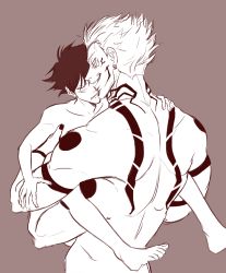 Rule 34 | 2boys, arm tattoo, back tattoo, blush, carrying, collarbone, completely nude, extra arms, extra eyes, closed eyes, facial tattoo, feet, fushiguro megumi, height difference, highres, implied anal, implied sex, jujutsu kaisen, lifting person, multiple boys, muscular, muscular male, nude, ryoumen sukuna (jujutsu kaisen), ryush, short hair, shoulder tattoo, size difference, smile, suspended congress, tattoo, toes, yaoi