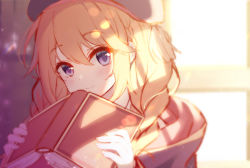 Rule 34 | 1girl, backlighting, beret, black hat, blush, book, braid, brown hair, closed mouth, commentary request, hair between eyes, hair over shoulder, hands up, hasu (velicia), hat, highres, holding, holding book, hood, hood down, long hair, looking at viewer, open book, princess connect!, purple eyes, smile, solo, sunlight, twin braids, upper body, window, yuni (princess connect!)