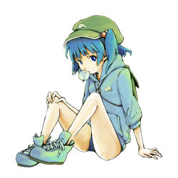 Rule 34 | 1girl, backpack, bad id, bad pixiv id, bag, blue eyes, blue hair, blowing bubbles, chewing gum, hair bobbles, hair ornament, hat, hood, hoodie, kawashiro nitori, key, looking at viewer, matching hair/eyes, one-piece swimsuit, school swimsuit, shirt, shiru (qtb), shoes, short hair, sitting, sleeves rolled up, sneakers, solo, swimsuit, swimsuit under clothes, touhou, twintails, two side up