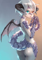 Rule 34 | 1girl, ass, bad id, bad pixiv id, blue eyes, breasts, dragon girl, heterochromia, horns, looking at viewer, looking back, monster girl, nucomas, pointy ears, red eyes, scales, short hair, slit pupils, small breasts, solo, tail, tongue, tongue out, white hair, wings