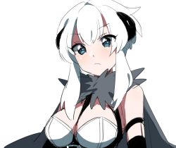 Rule 34 | 1girl, bad id, bad pixiv id, blue eyes, breasts, cape, cleavage, creatures (company), game freak, gen 6 pokemon, kz 609, large breasts, looking at viewer, nintendo, pancham, pangoro, personification, pokemon, sidelocks, solo, upper body, white background, white hair