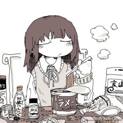 Rule 34 | 1girl, :/, blush stickers, bottle, brown hair, brown theme, chair, chopsticks, closed eyes, collared shirt, cup ramen, food, food request, hand up, hatching (texture), highres, holding, holding chopsticks, long hair, long sleeves, messy, monochrome, neck ribbon, noodles, on chair, original, ribbon, shirt, simple background, sitting, solo, steam, sweater vest, table, torosakana, upper body