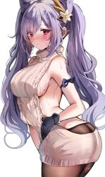 Rule 34 | 1girl, absurdres, ass, bare shoulders, black pantyhose, blush, breasts, closed mouth, commentary, cone hair bun, cowboy shot, from side, genshin impact, gloves, hair between eyes, hair bun, hair ornament, highres, keqing (genshin impact), large breasts, long hair, looking at viewer, meme attire, mole, mole on breast, no bra, nose blush, pantyhose, purple hair, sak (lemondisk), sideboob, simple background, sleeveless, sleeveless sweater, solo, sweat, sweater, turtleneck, turtleneck sweater, twisted torso, virgin killer sweater, white background, white sweater