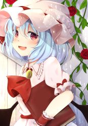 Rule 34 | 1girl, :d, ascot, blue hair, blush, book, commentary request, dress, fang, flower, frills, gem, hat, highres, holding, holding book, looking at viewer, miri (miri0xl), mob cap, open mouth, pink dress, puffy short sleeves, puffy sleeves, red ascot, red eyes, red flower, red rose, remilia scarlet, rose, short hair, short sleeves, smile, solo, touhou, upper body, wings, wooden wall, wristband