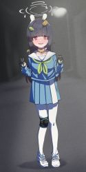 Rule 34 | 1girl, absurdres, animal ears, bell, black gloves, black hair, blue archive, blue serafuku, blue shirt, blue skirt, blurry, blurry background, blush, breasts, collar, commentary request, double v, embarrassed, fake animal ears, female focus, footprints, full body, gloves, green neckerchief, highres, hime cut, hizikit, knee pads, leaf, leaf on head, long hair, long sleeves, looking at viewer, miyu (blue archive), neck bell, neckerchief, open mouth, outdoors, pantyhose, pleated skirt, rabbit ears, red eyes, road, sailor collar, school uniform, serafuku, shirt, shoes, single knee pad, skirt, small breasts, smile, sneakers, solo, street, v, white footwear, white pantyhose, white sailor collar