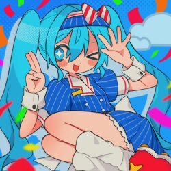 Rule 34 | &gt; o, 1girl, blue background, blue dress, blue eyes, blue hair, blush, bow, buttoned cuffs, buttons, confetti, dress, feet out of frame, hair between eyes, halftone, hands up, hashtag-only commentary, hatsune miku, highres, long hair, looking at viewer, loose socks, mesmerizer (vocaloid), mochi (na si), one eye closed, open mouth, pinstripe dress, pinstripe pattern, red footwear, short dress, short sleeves, smile, socks, solo, striped bow, twintails, very long hair, visor cap, white socks, wrist cuffs