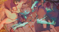 Rule 34 | 2girls, all fours, animal ears, ass, back, bandaged arm, bandages, black hair, bleach, bleach: sennen kessen-hen, blue electricity, blue fire, breasts, cat ears, cat tail, completely nude, cutesexyrobutts, dark-skinned female, dark skin, electricity, electrokinesis, energy, female focus, fire, green electricity, grey eyes, large breasts, leaves, long hair, looking at viewer, looking back, low twintails, medium breasts, multiple girls, nipples, nude, patreon logo, patreon username, ponytail, purple hair, shihouin yoruichi, sui-feng, tail, thighs, twintails, very dark skin, watermark, web address, yellow eyes