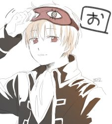Rule 34 | 1boy, arm up, black jacket, brown eyes, commentary request, gintama, hair between eyes, highres, jacket, light brown hair, long sleeves, looking at viewer, male focus, mask, mask on head, okita sougo, parted lips, simple background, sketch, sleep mask, sofra, solo, translation request, upper body, white background