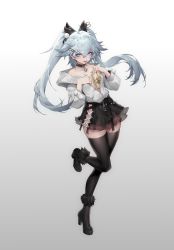 Rule 34 | 1girl, absurdres, ahoge, bell, black collar, black skirt, black thighhighs, blue nails, box, breasts, capsule, collar, fingernails, gift, girls&#039; frontline, girls&#039; frontline neural cloud, grey jacket, hair between eyes, hair ornament, hairclip, heart, heart-shaped pupils, high heels, highres, holding, holding box, jacket, jingle bell, long fingernails, long hair, long sleeves, looking at viewer, miniskirt, multicolored nails, nail polish, navel, neck bell, night, official art, open clothes, pa-15 (girls&#039; frontline), pill, pointing, pointing at self, shanyao jiang tororo, silver hair, simple background, skirt, solo, standing, standing on one leg, symbol-shaped pupils, thighhighs, tongue, tongue out, twintails, very long hair