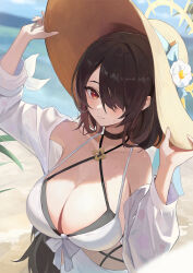 1girl absurdres adjusting_clothes adjusting_headwear baizhi beach black_choker black_hair blue_archive blurry blurry_background breasts casual_one-piece_swimsuit choker cleavage closed_mouth commentary criss-cross_halter day flower hair_over_one_eye halo halterneck hat hat_flower highres hinata_(blue_archive) hinata_(swimsuit)_(blue_archive) jacket large_breasts long_hair looking_at_viewer low_ponytail off_shoulder official_alternate_costume official_alternate_hairstyle one-piece_swimsuit outdoors red_eyes solo straw_hat sun_hat swept_bangs swimsuit very_long_hair white_jacket white_one-piece_swimsuit wide_brim