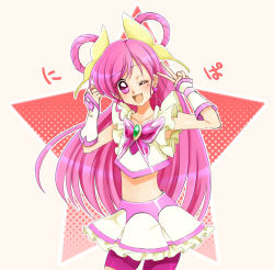 Rule 34 | 1girl, :d, arms up, blush, chijimi, cure dream, detached sleeves, highres, long hair, looking at viewer, magical girl, midriff, one eye closed, open mouth, pink eyes, pink hair, precure, skirt, smile, star (symbol), v, very long hair, wink, yes! precure 5, yumehara nozomi