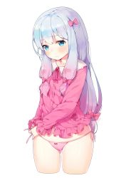 Rule 34 | 10s, 1girl, absurdres, artist name, ayami (annahibi), blue eyes, blunt bangs, blush, bow, bow panties, buttons, closed mouth, cowboy shot, eromanga sensei, frilled sleeves, frills, gluteal fold, gradient hair, hair bow, has bad revision, has downscaled revision, highres, izumi sagiri, legs, legs apart, long hair, long sleeves, looking at viewer, low-tied long hair, md5 mismatch, multicolored hair, neck ribbon, pajamas, panties, pink bow, pink panties, pink ribbon, purple hair, resolution mismatch, ribbon, side-tie panties, sidelocks, silver hair, simple background, solo, source smaller, standing, sweatdrop, thighs, underwear, very long hair, wavy mouth, white background