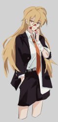 Rule 34 | 1girl, alternate costume, arong, bandaged arm, bandages, belt, blazer, blonde hair, blood, blood on hands, dress shirt, grey background, hand in pocket, hand on own face, highres, jacket, long hair, looking at viewer, matara okina, necktie, red necktie, shirt, sidelocks, simple background, skirt, solo, thighs, touhou, white shirt