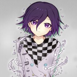 Rule 34 | 1boy, arms at sides, black scarf, blush, buttons, checkered background, checkered clothes, checkered floor, checkered neckwear, checkered scarf, danganronpa (series), danganronpa v3: killing harmony, double-breasted, flying sweatdrops, grey background, grey scarf, hair between eyes, looking at viewer, male focus, oma kokichi, purple eyes, purple hair, scarf, smile, snow finale, solo, straitjacket, upper body