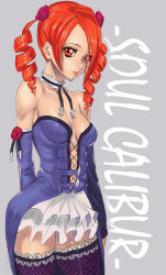 Rule 34 | 1girl, amy sorel, ashiomi masato, bare shoulders, breasts, choker, corset, detached sleeves, drill hair, female focus, flower, hair ornament, long hair, namco, red eyes, red hair, skirt, solo, soul calibur, soulcalibur, soulcalibur iii, thighhighs, twin drills, twintails