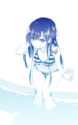 Rule 34 | 1girl, bikini, blue theme, breasts, cleavage, collarbone, commentary request, hair ornament, half updo, highres, kakumeiki valvrave, large breasts, long hair, looking at viewer, monochrome, nino (shira), rukino saki, sidelocks, sitting, smile, solo, striped bikini, striped clothes, swimsuit, water