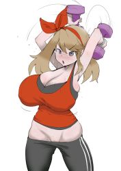Rule 34 | 1girl, armpits, arms up, bare arms, black legwear, bouncing breasts, bow, breasts, brown hair, bursting breasts, cleavage, clothes pull, colorfag, colorized, cowboy shot, creatures (company), dumbbell, exercising, game freak, groin, hair bow, hairband, highres, holding, huge breasts, long hair, looking away, lowleg, lowleg pants, may (pokemon), maydrawfag, motion lines, nintendo, no panties, open mouth, pants, pants pull, plump, pokemon, pokemon oras, shirt, sideboob, simple background, skindentation, sleeveless, sleeveless shirt, solo, sweat, swept bangs, taut clothes, taut shirt, tight clothes, tight pants, tight shirt, track pants, weightlifting, weights, white background
