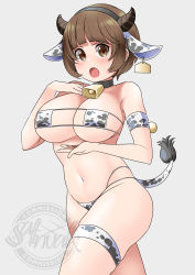 Rule 34 | 1girl, :o, absurdres, animal ears, animal print, arm strap, artist logo, bell, bikini, black choker, black hairband, blunt bangs, blush, breasts, brown eyes, brown hair, choker, commission, cow ears, cow horns, cow print, cow tail, cowbell, cowboy shot, ear tag, eyepatch bikini, fake animal ears, fake horns, fake tail, grey background, hairband, highres, horns, kill la kill, large breasts, looking at viewer, mankanshoku mako, micro bikini, navel, neck bell, open mouth, print bikini, red pupils, saltnvalk, short hair, simple background, skindentation, solo, stomach, swimsuit, tail, thigh strap, thighs, v-shaped eyebrows