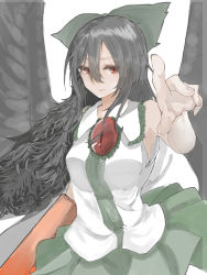 Rule 34 | 1girl, absurdres, arm at side, arm cannon, armpits, bare arms, bare shoulders, bird wings, black hair, black wings, bow, cape, closed mouth, collared shirt, fingernails, foreshortening, frilled shirt collar, frills, green bow, green skirt, hair between eyes, hair bow, hair over shoulder, hand up, highres, index finger raised, lips, long hair, looking at viewer, red eyes, reiuji utsuho, shirt, simple background, skirt, sleeveless, sleeveless shirt, smile, solo, takena-c, third eye, touhou, upper body, weapon, white background, white cape, white shirt, wings