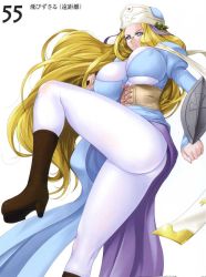 Rule 34 | 1girl, blonde hair, blue eyes, bodystocking, boots, breasts, corset, flail, glasses, hat, highres, huge breasts, long hair, looking at viewer, melpha, nun, queen&#039;s blade, shield, skin tight, solo, thighs, weapon, zundarepon