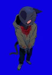 Rule 34 | animal ears, bad id, bad twitter id, blood, blood on clothes, blue background, cat ears, cat tail, furry, furry male, gun, holding, holding gun, holding weapon, hood, hoodie, odd taxi, pants, simple background, tail, tanaka hajime (odd taxi), teigaso1, weapon