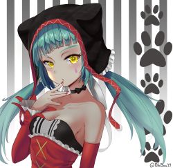 Rule 34 | 1girl, aqua hair, bib (bibboss39), blunt bangs, cat food (vocaloid), choker, detached sleeves, finger to mouth, hat, hatsune miku, highres, long hair, looking at viewer, nail polish, solo, striped, striped background, twintails, twitter username, vertical stripes, vocaloid, yellow eyes